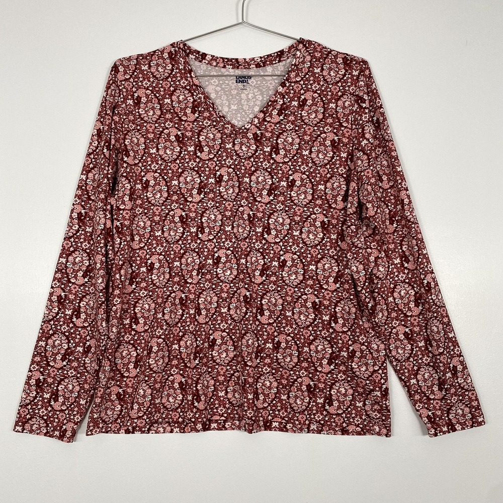 Lands' End TShirt Womens XL Red Floral Long Sleeve V Neck Cotton Jersey Peru